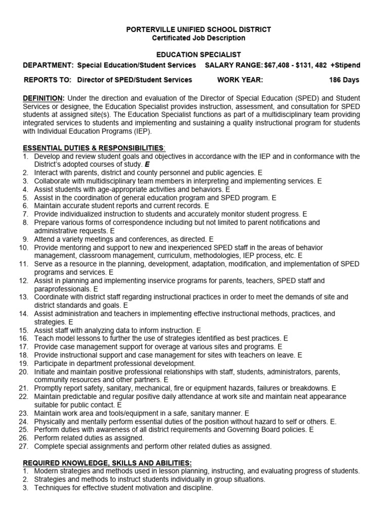 Education Specialist Job Description | PDF | Special Education ...