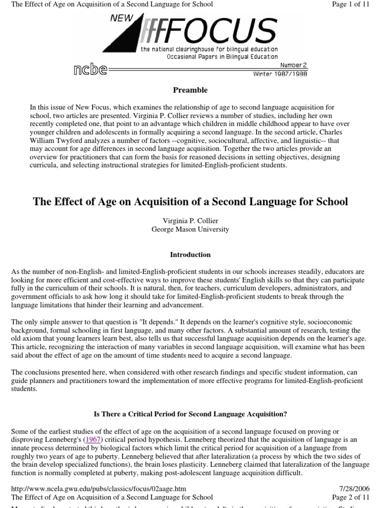 1988 Effect of Age On Acquisition of L2 For School Collier 02aage | PDF ...