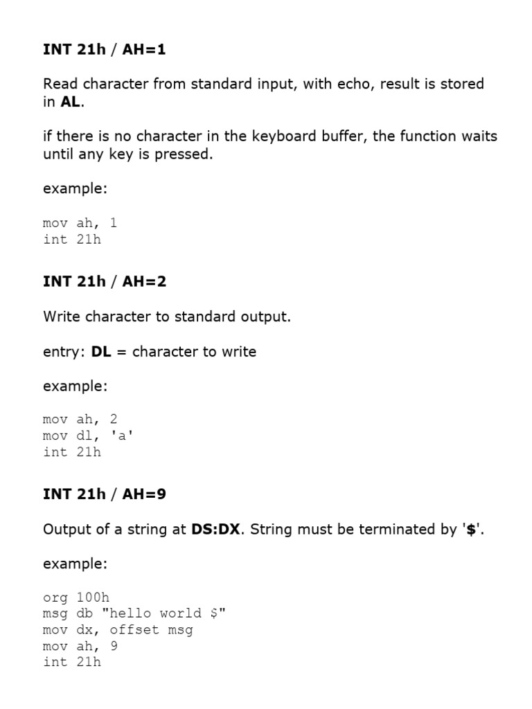 DOS Interrupt 21h Function Overview | PDF