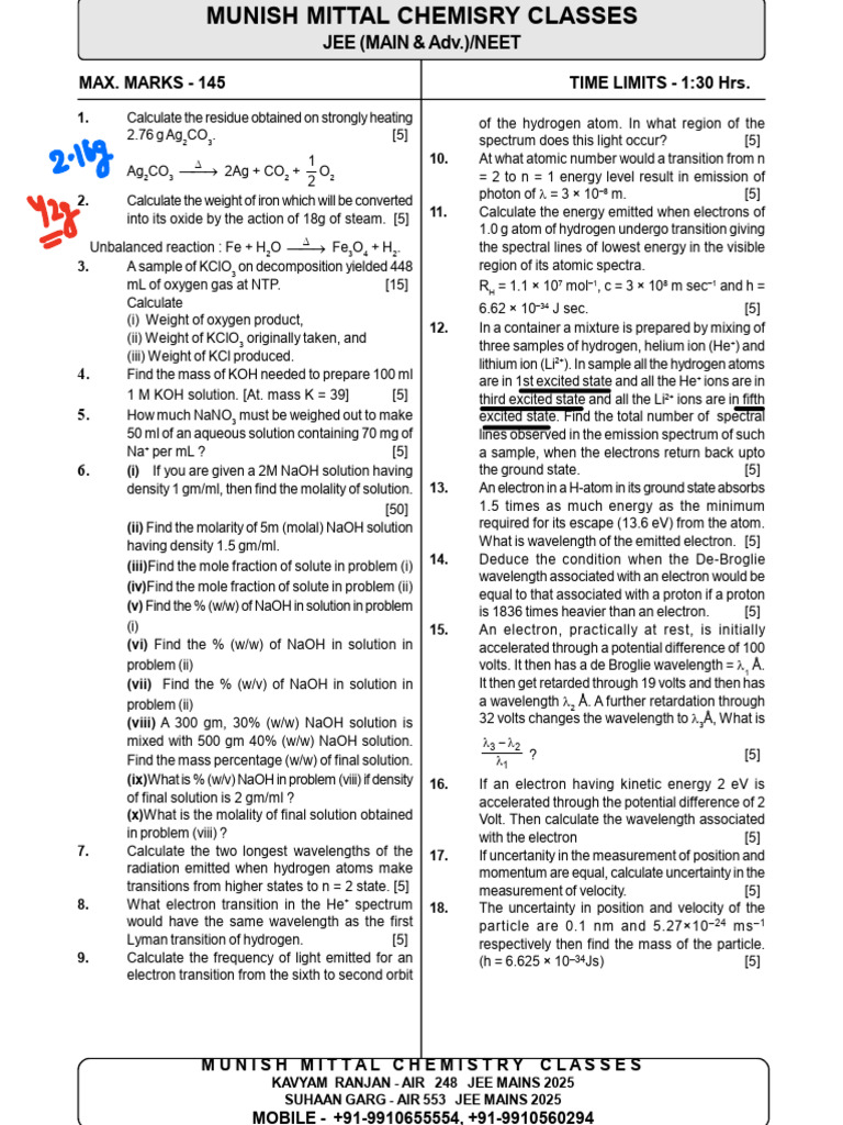 Munish Mittal Chemistry Classes JEE | PDF | Electron | Emission Spectrum