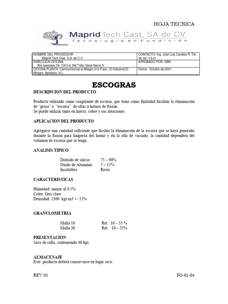 Coagulante de Escoria Maprid Tech Cast | PDF