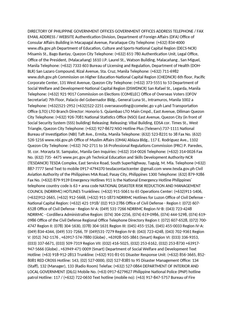 DIRECTORY OF PHILIPPINE GOVERNMENT OFFICES GOVERNMENT OFFICES ADDRESS ...