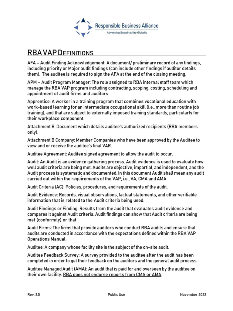 RBA VAP Definitions and Guidelines | PDF | Audit | Employment