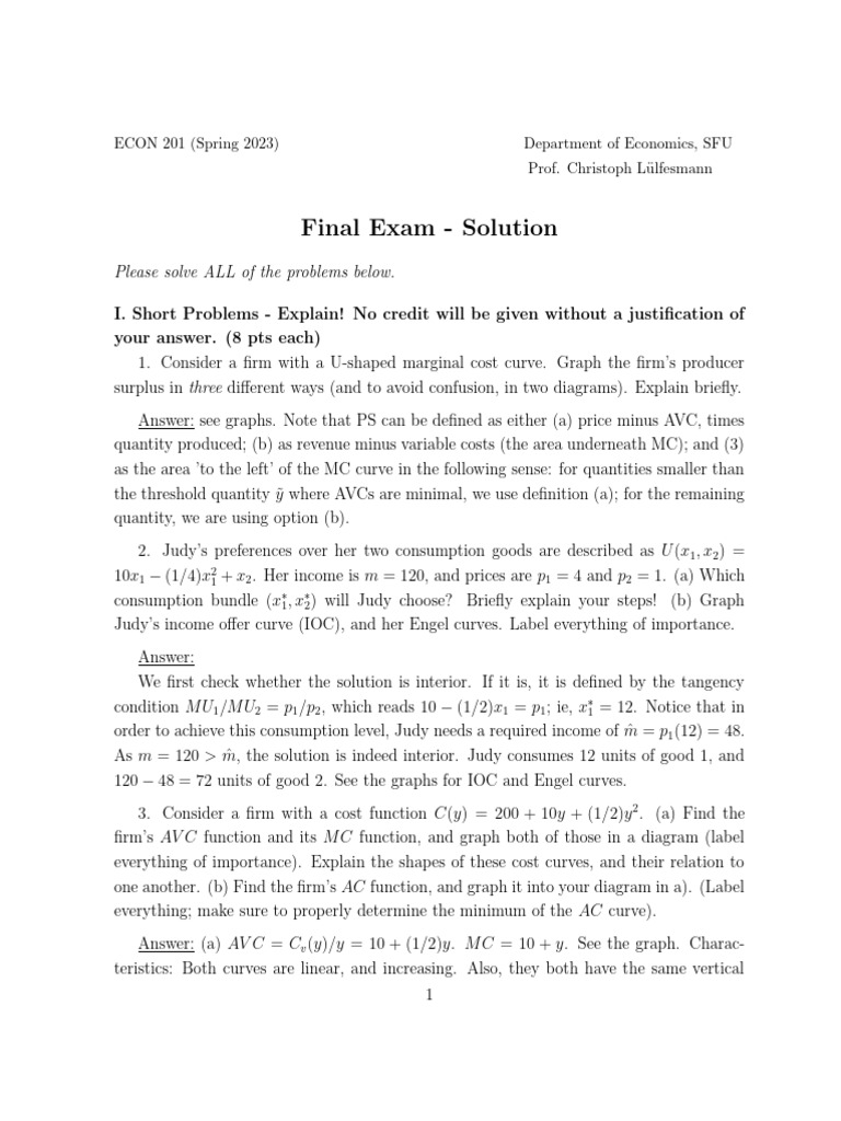 ECON 201 Final Exam Solutions 2023 | PDF | Demand | Economic Equilibrium