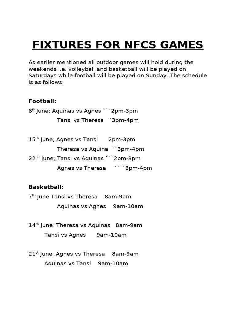 NFCS Games Schedule: June Fixtures | PDF