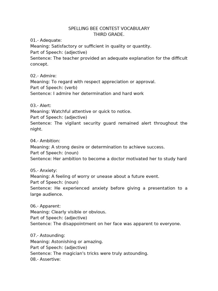 Third Grade Spelling Bee Vocabulary | PDF | Part Of Speech | Adjective