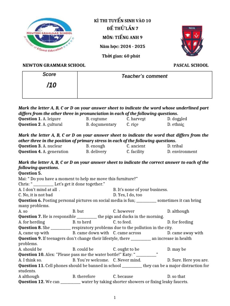 English Exam Paper for 10th Grade | PDF