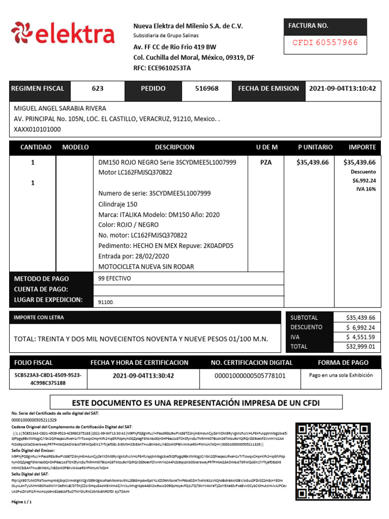 Factura Motocicleta Elektra DM150 | PDF