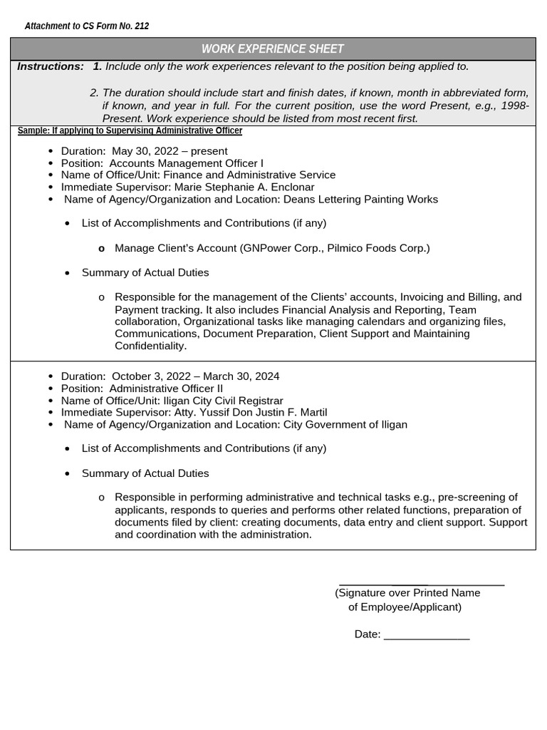 CS Form No. 212 Attachment - Work Experience Sheet | PDF | Invoice ...