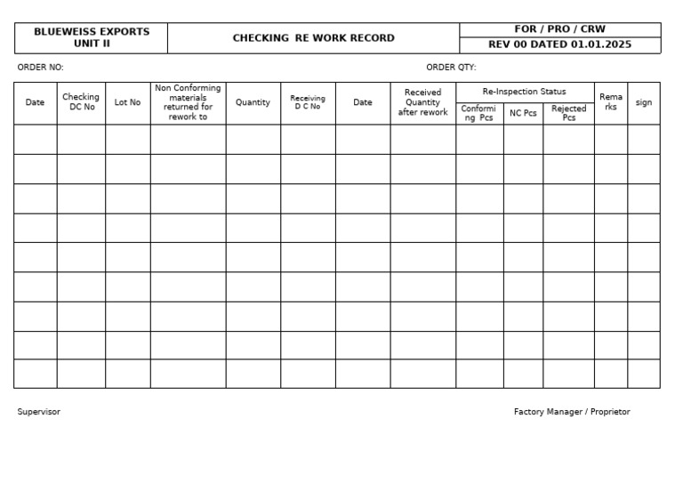 Blueweiss Exports Rework Record Checklist | PDF