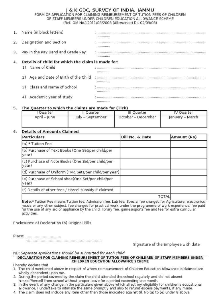 Children Education Allowance Form Word Fee Tuition Payments