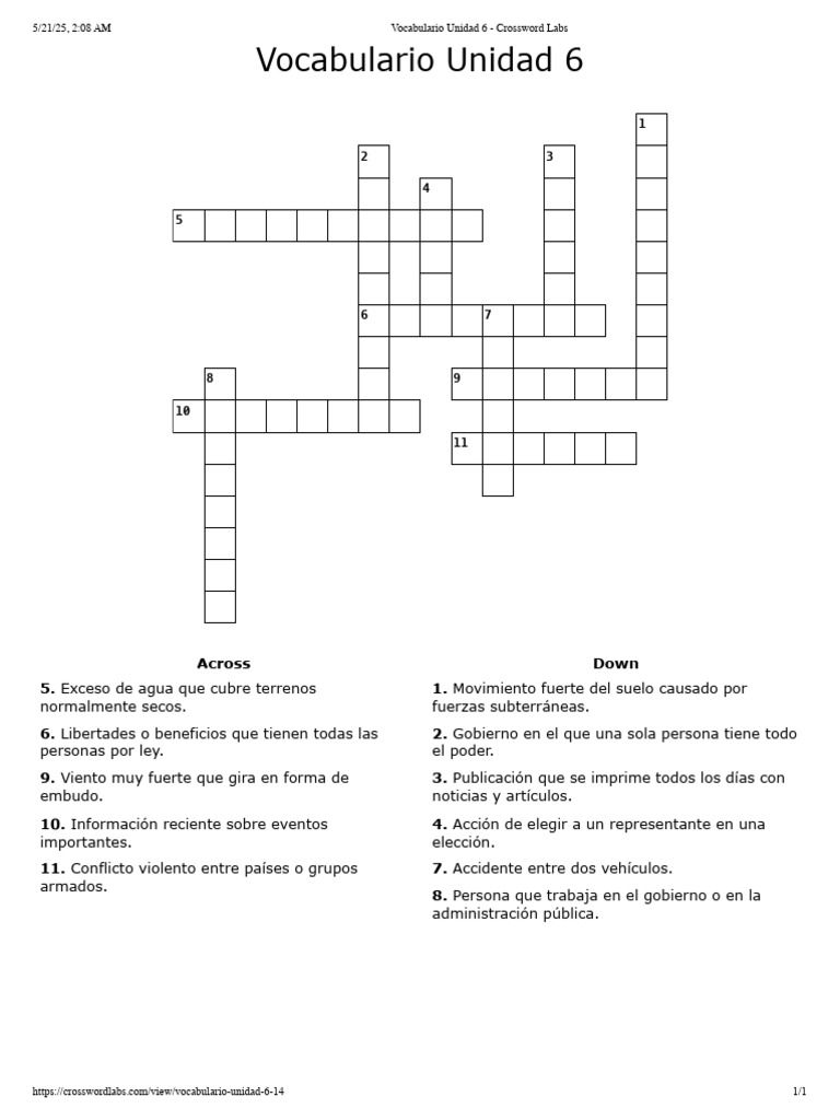 Vocabulario Unidad 6 - Crossword Labs | PDF