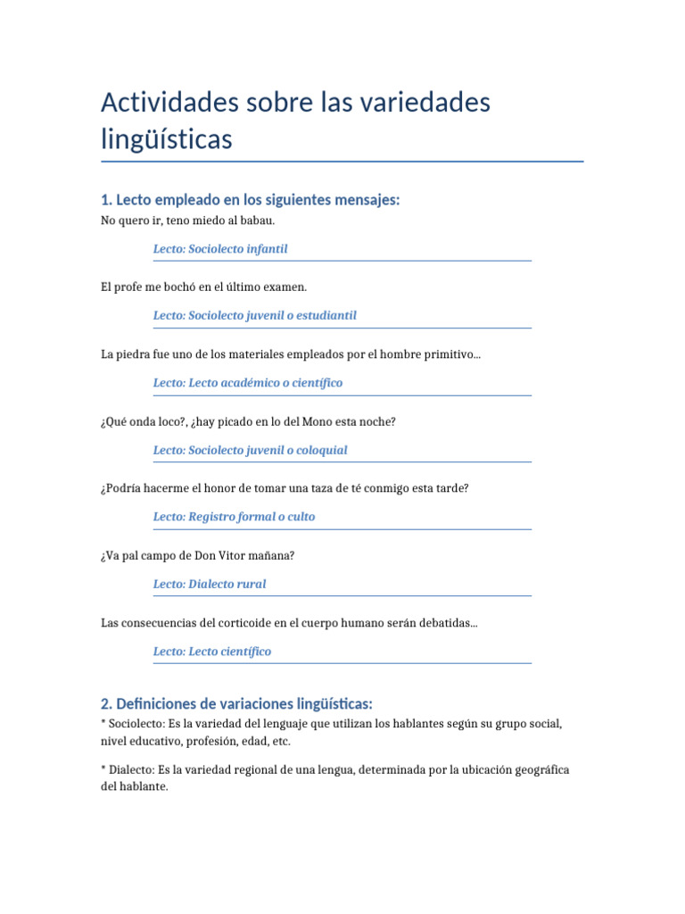 Actividades sobre Variedades Lingüísticas | PDF | Dialecto | Comunicación