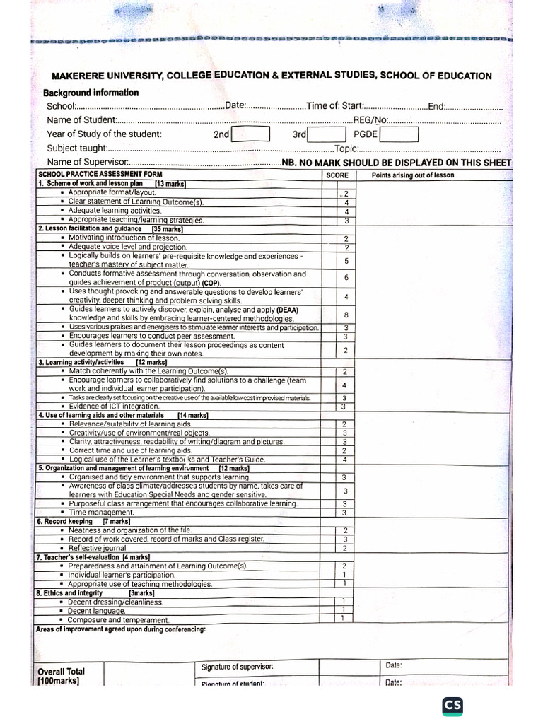 Cees SP Supervisor Assessment Sheet | PDF