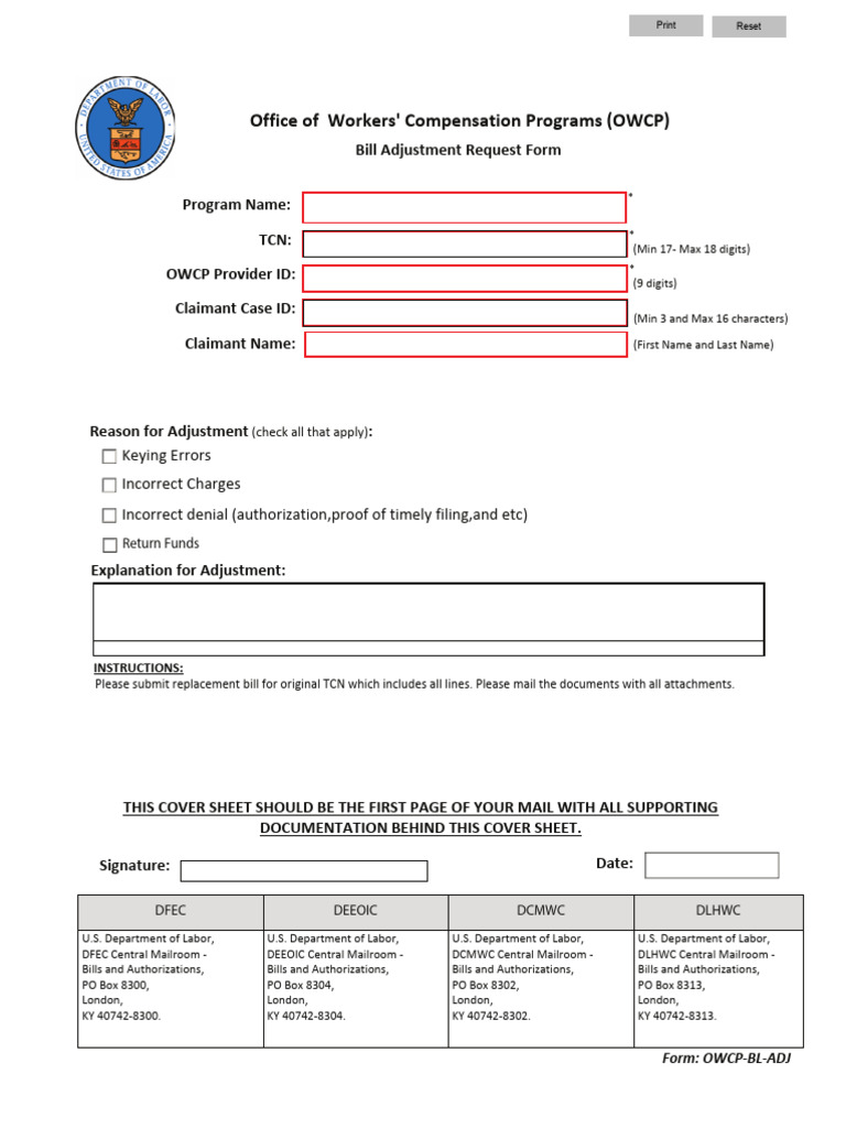 OWCP Bill Adjustment Request Form | PDF