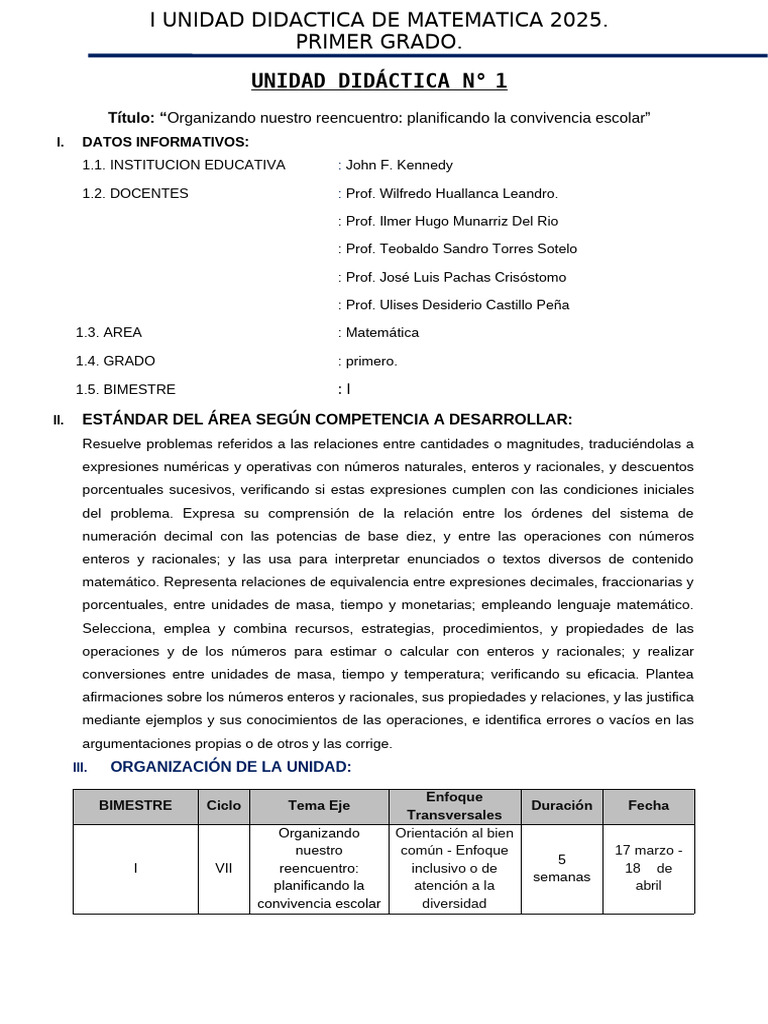 Unidad Didáctica Matemática 1° Grado 2025 | PDF | Aprendizaje ...