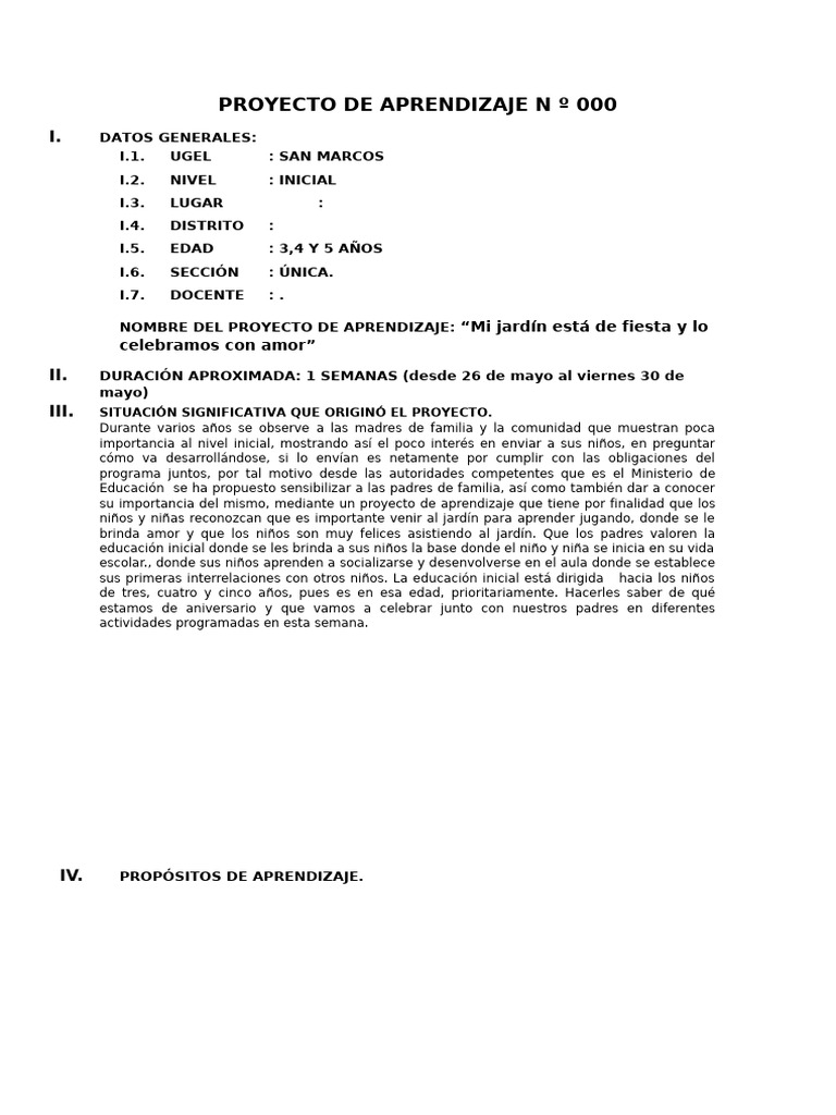 Proyecto de Aprendizaje en Educación Inicial | PDF | Educación de la ...