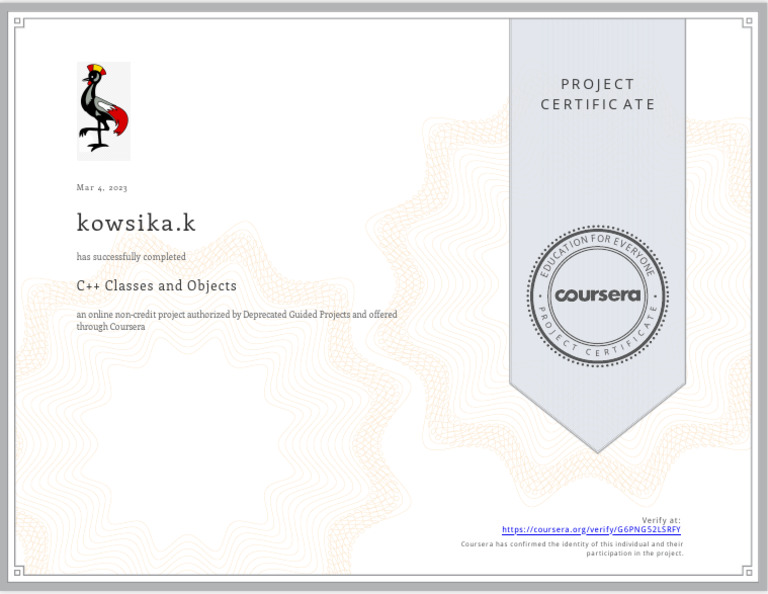 C++ Project Completion Certificate | PDF