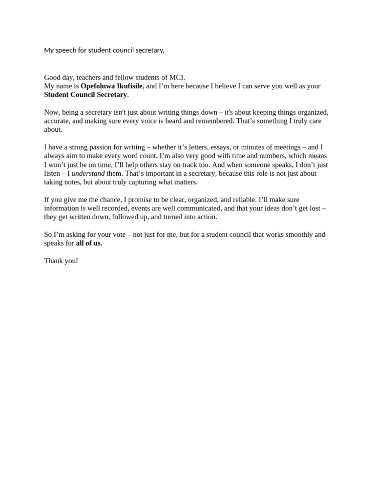 Ope's Speech For Student Council Secretary | PDF