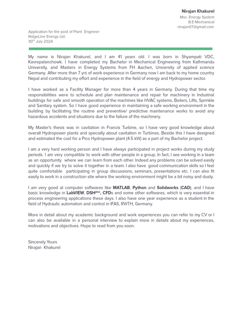 Application for Plant Engineer Position | PDF | Engineering