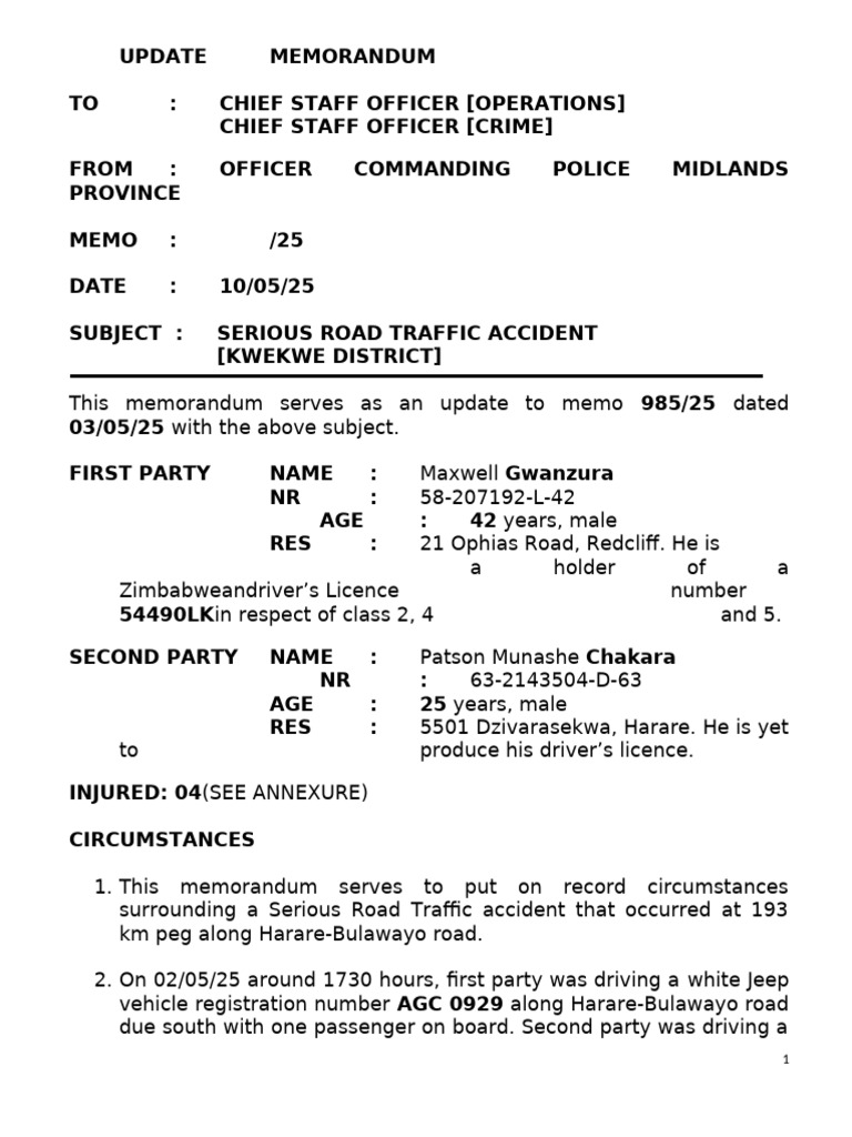 Kwekwe District Serious Traffic Accident Update | PDF | Traffic ...