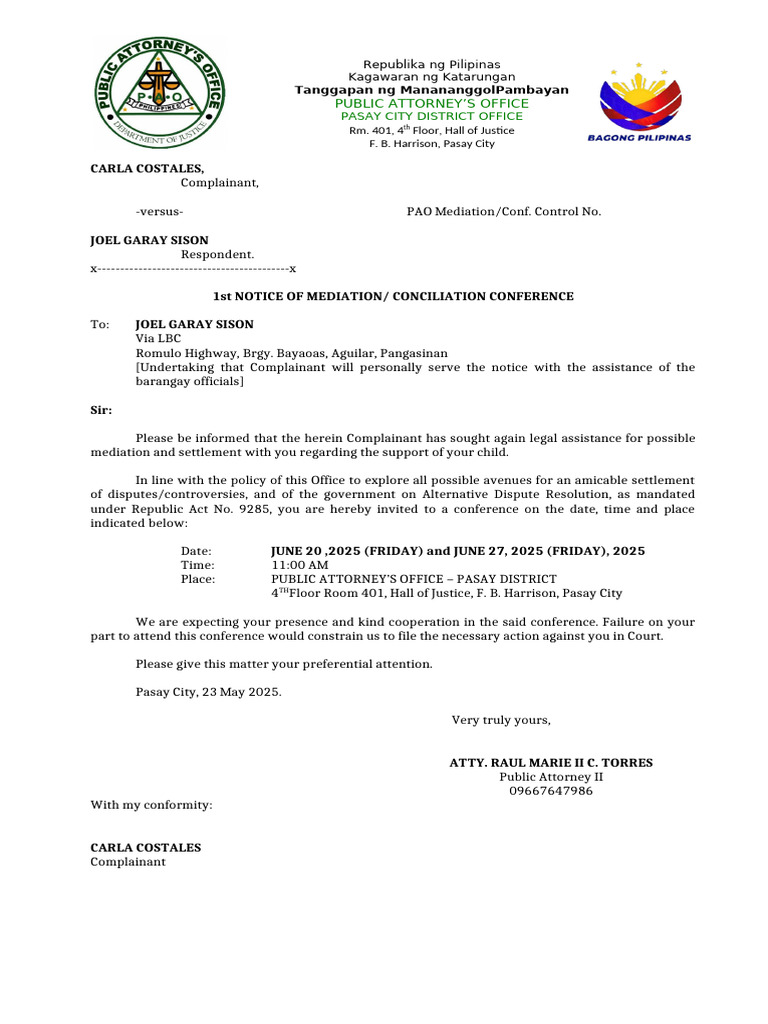 Mediation Notice for Child Support Case | PDF | Mediation ...