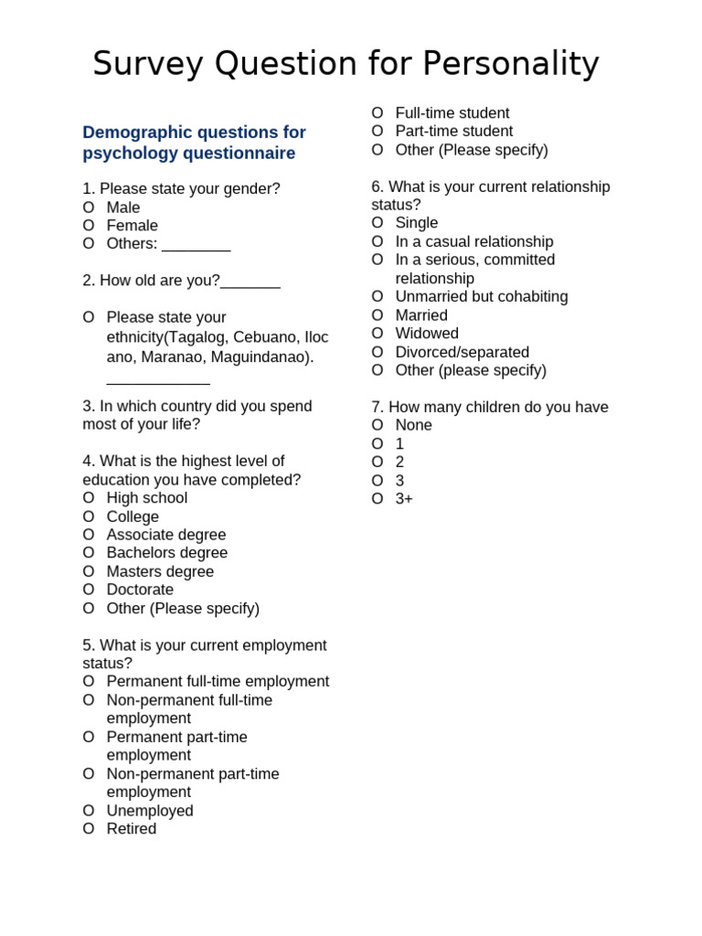 Demographic Questionnaire for Psychology | PDF | Social Psychology