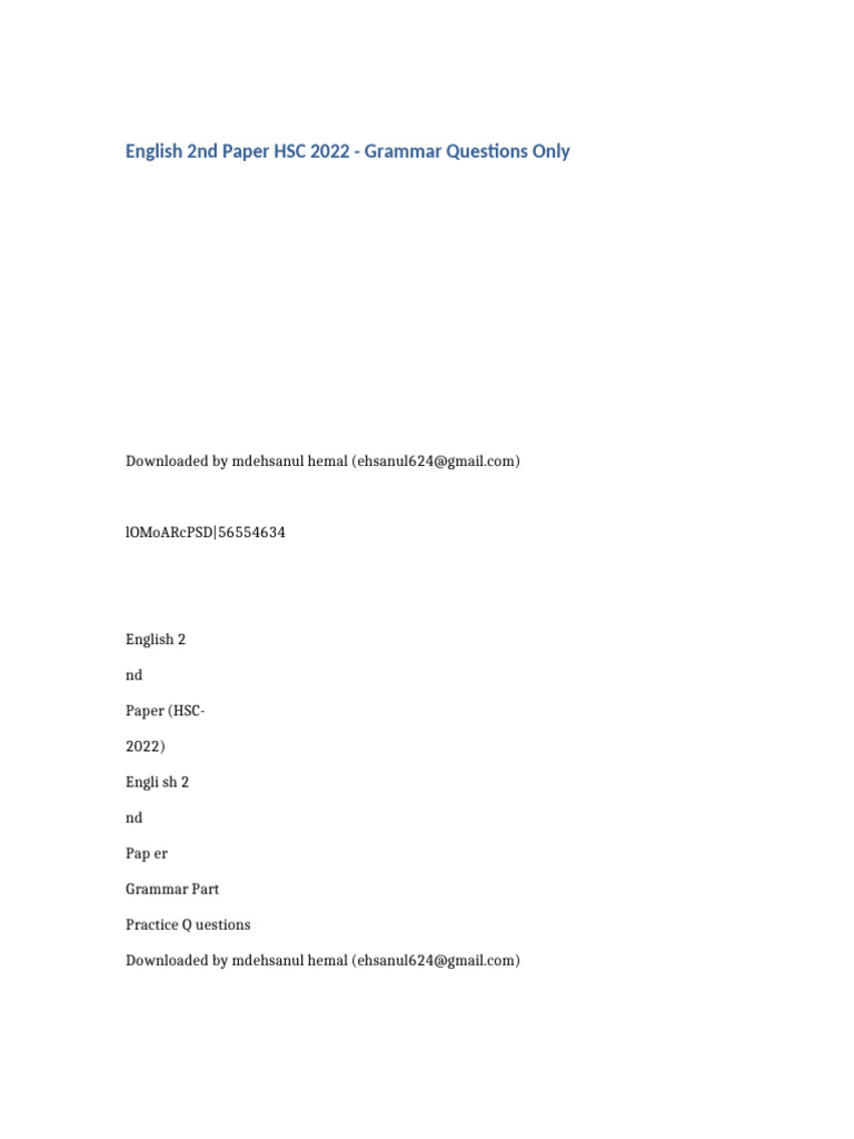 English 2nd Paper Questions Only Pdf