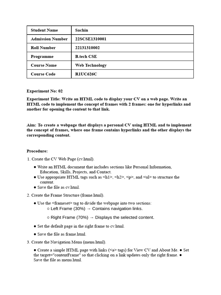 HTML CV with Frames Tutorial | PDF | Hyperlink | World Wide Web