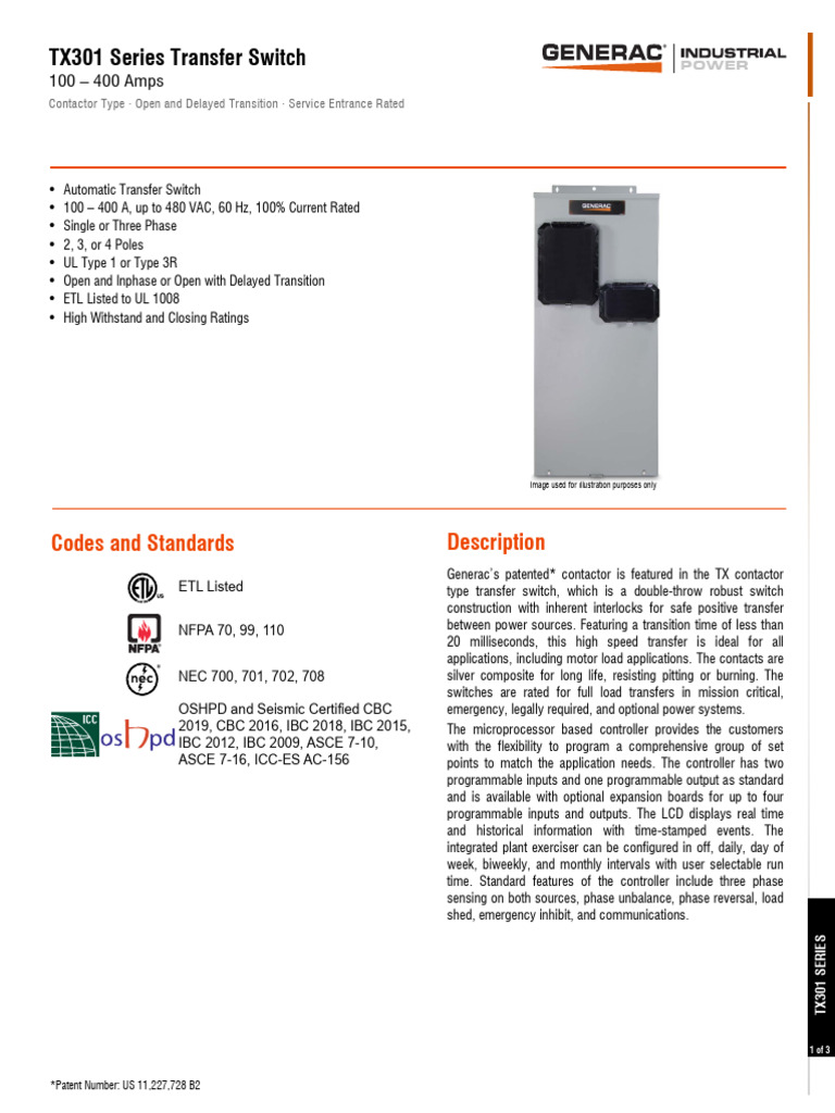 Generac TX301 Series Transfer Switch | PDF | Switch | Fuse (Electrical)