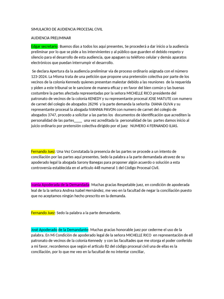 Simulacro de Audiencia Preliminar Civil | PDF | Justicia | Crimen y ...
