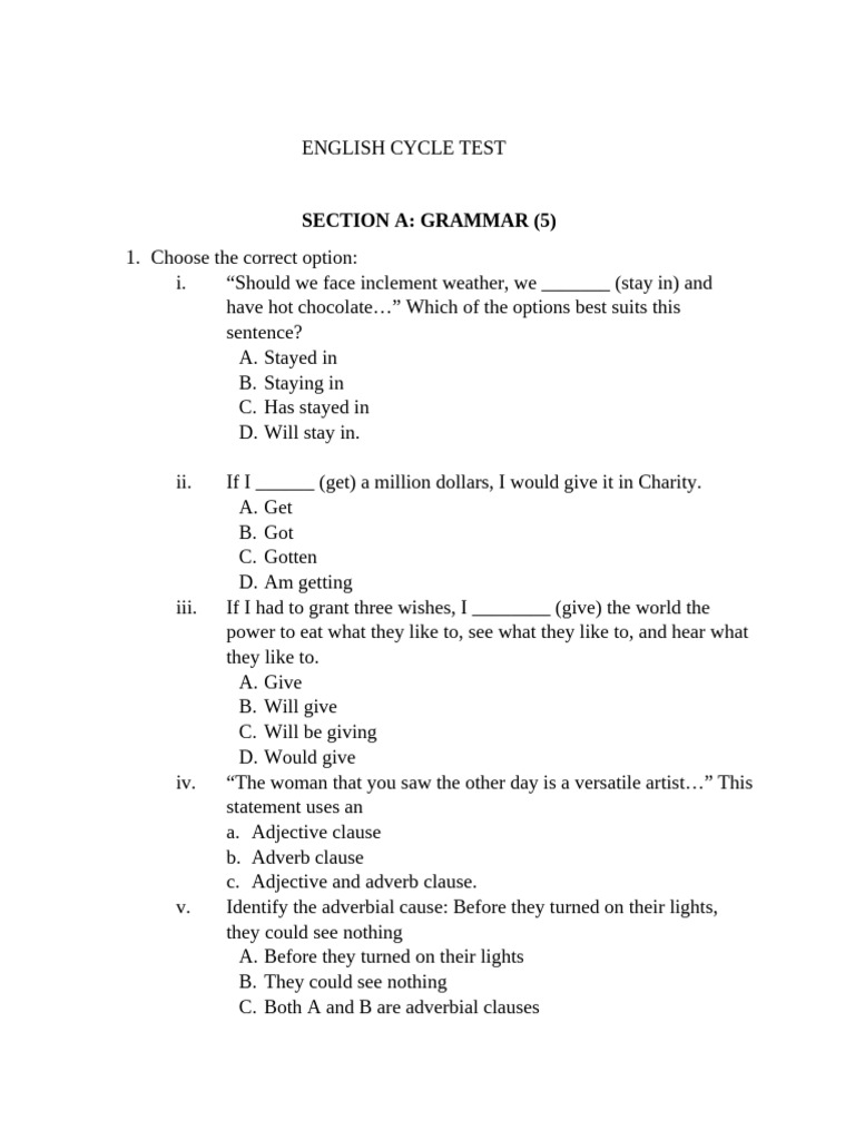 English Cycle Test: Grammar & Writing | PDF