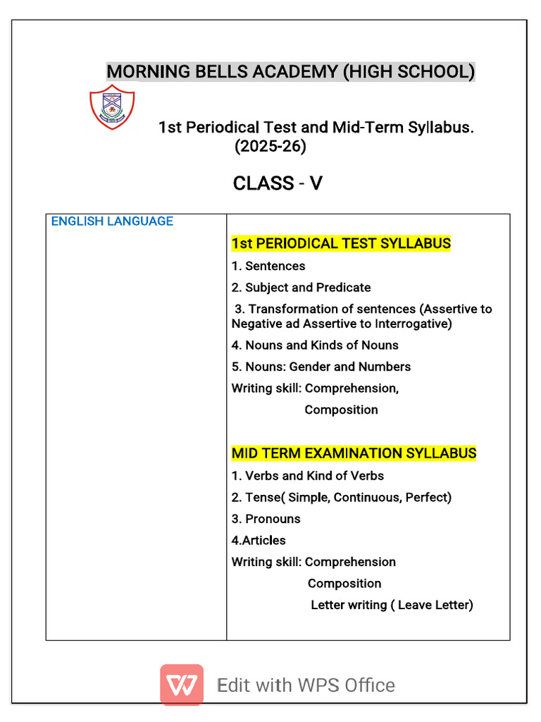 Morning Bells Academy Class V Syllabus | PDF | Verb | English Language