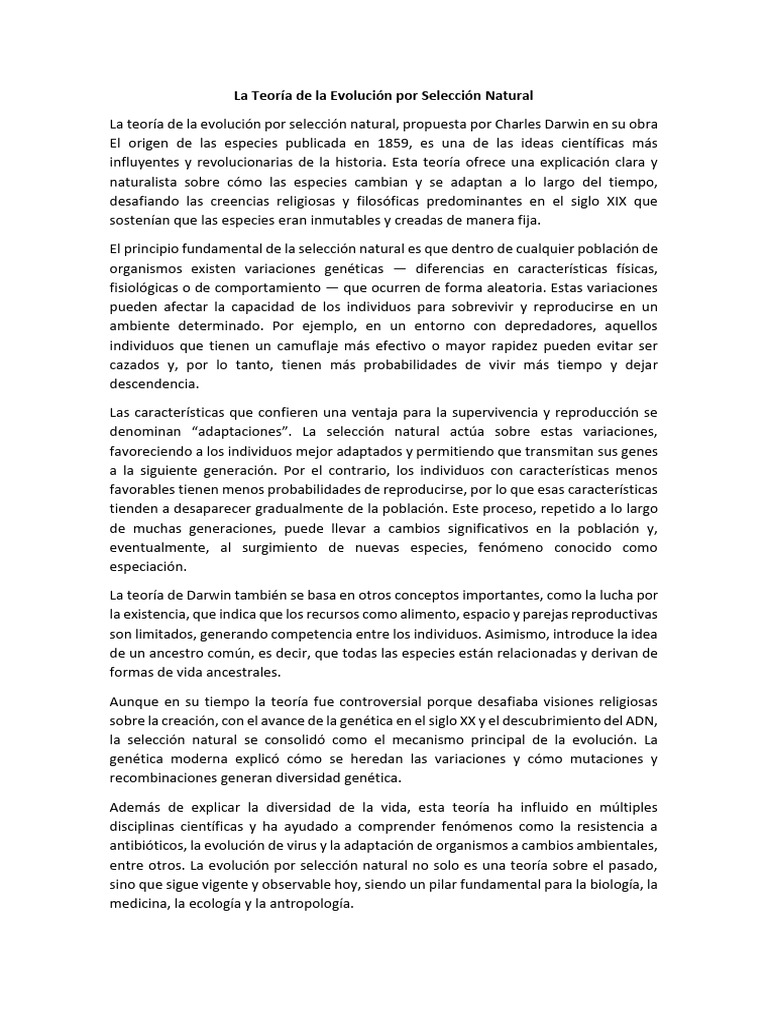 La Teoría de La Evolución Por Selección Natural | PDF | Seleccion ...