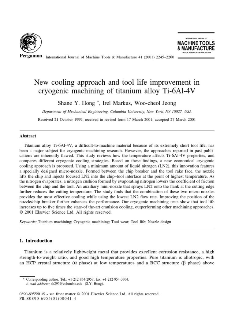 Cryogenic Cooling and Tool Life Improvement Paper PDF Machining