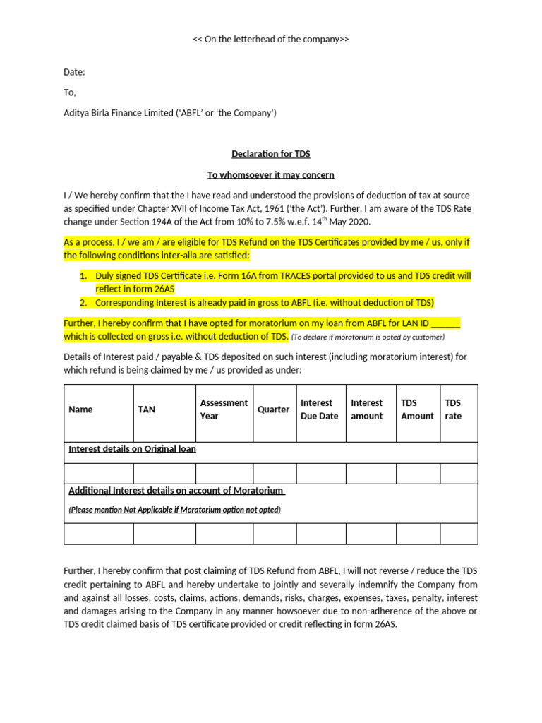 Declaration-Moratorium or TDS Rate Difference | PDF | Interest | Tax ...