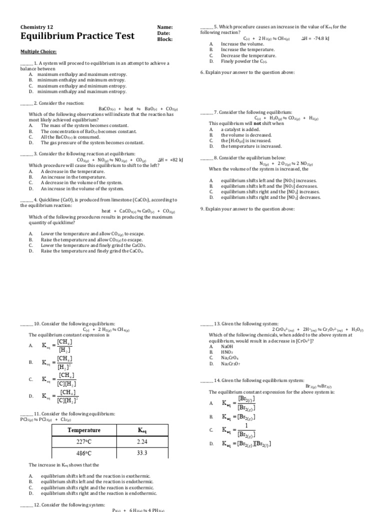 Chemistry 12 Equilibrium Practice Test | PDF | Chemical Equilibrium ...