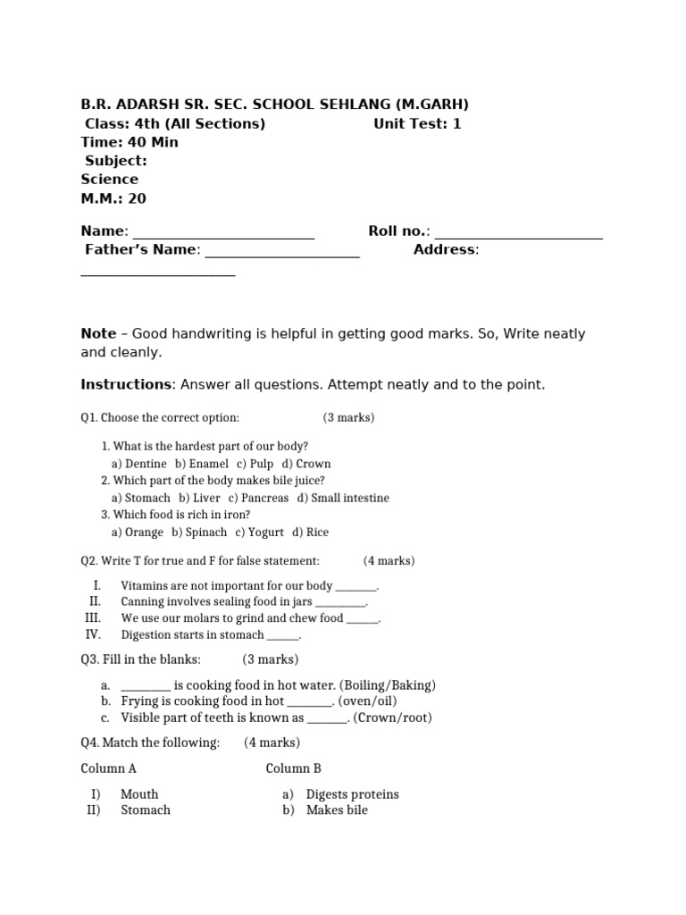 Class 4 Science Unit Test Paper | PDF