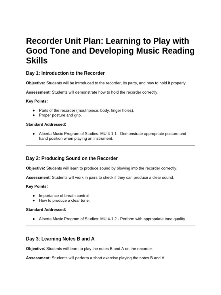 Recorder Unit Plan: Learning Notes B, A, G | PDF | Recorder (Musical ...
