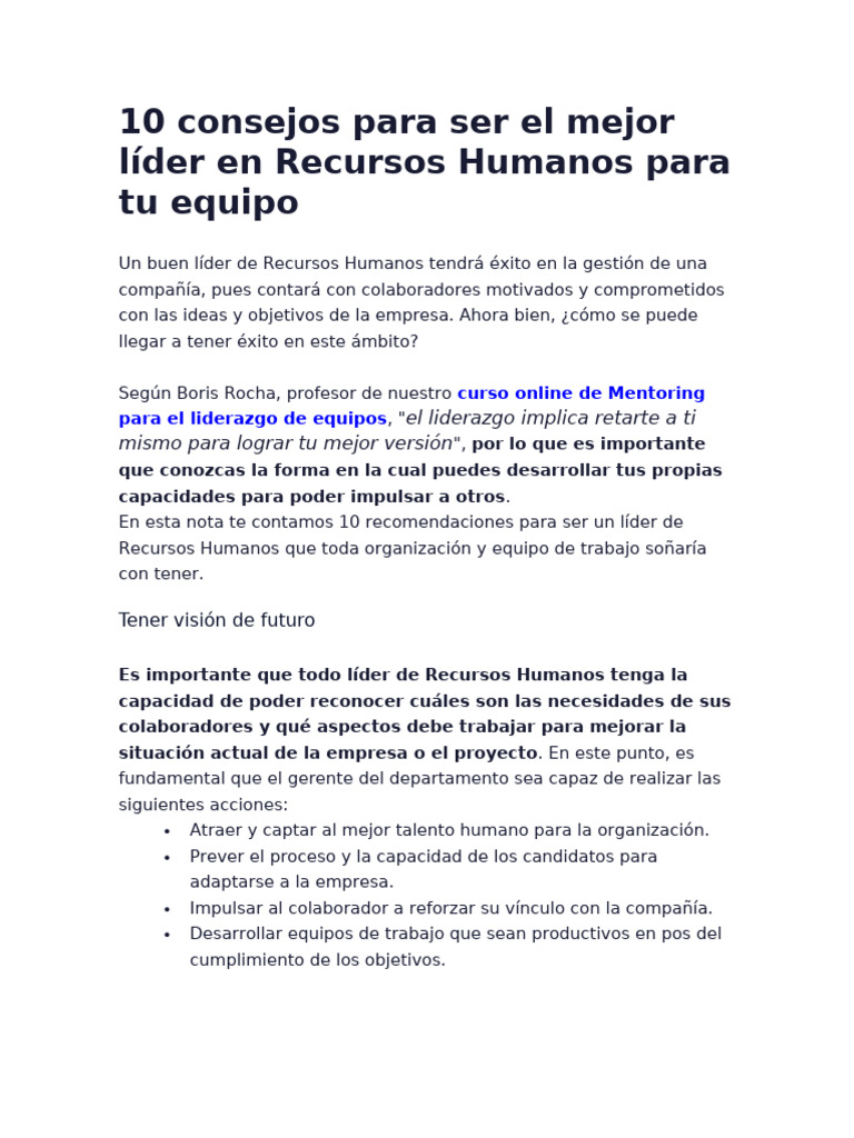 10 Consejos para Ser El Mejor Líder en Recursos Humanos para Tu Equipo ...
