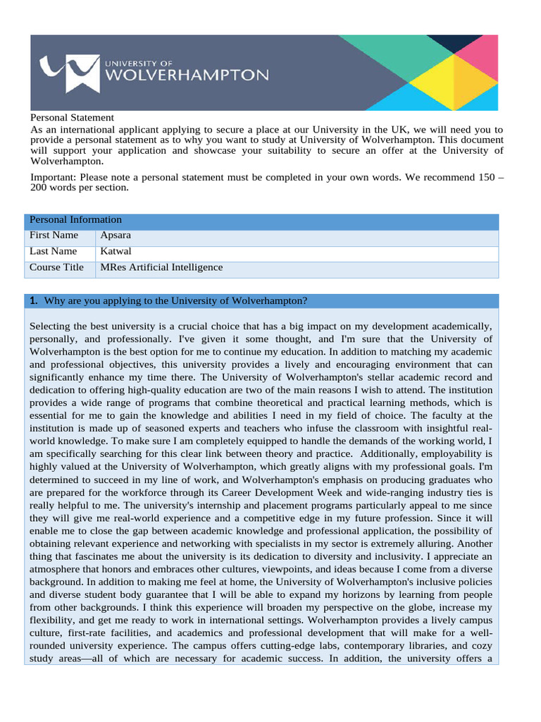 Personal Statement for MRes AI Program | PDF | Artificial Intelligence ...