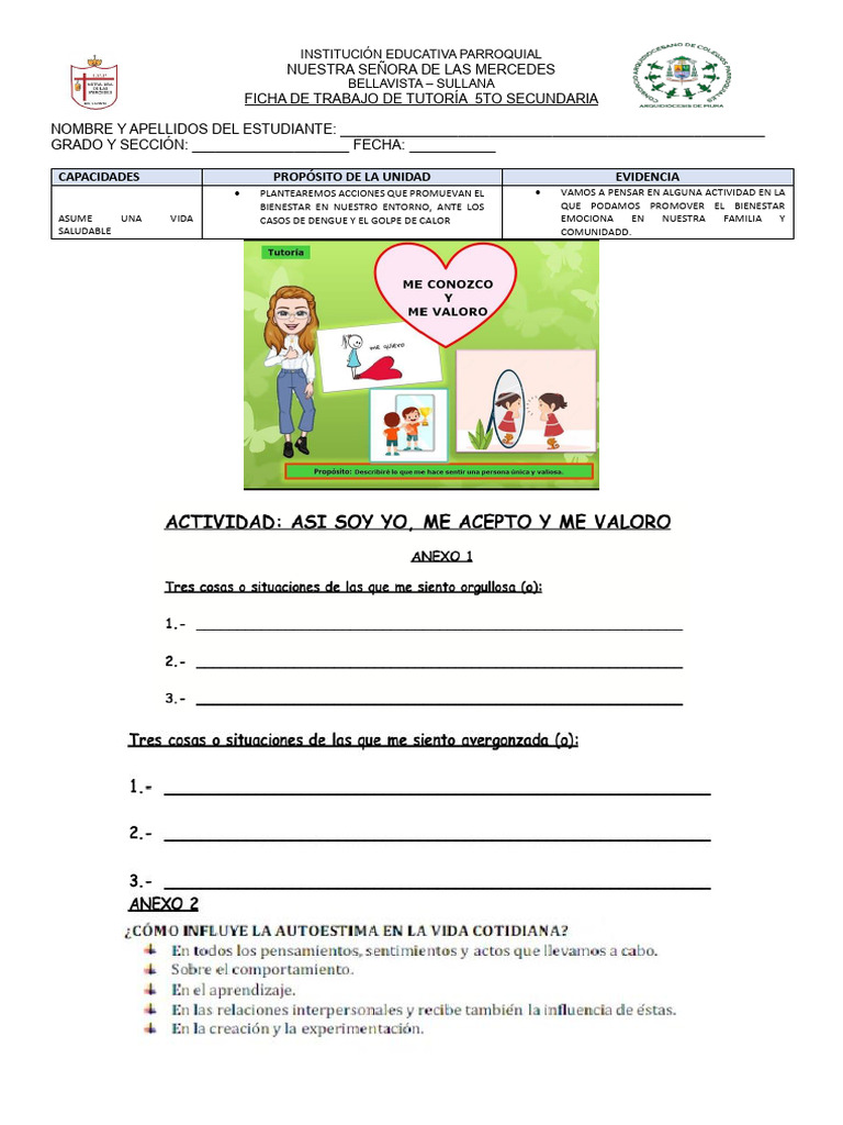 Me Acepto Como Soy y Me Valor Tutoria 5to A | PDF