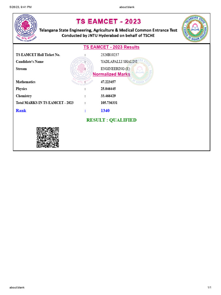 TS EAMCET 2023 Results for Shalini | PDF