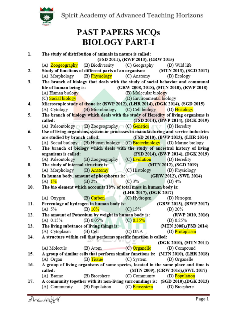 Biology MCQs Past Papers Review | PDF | Enzyme | Lung