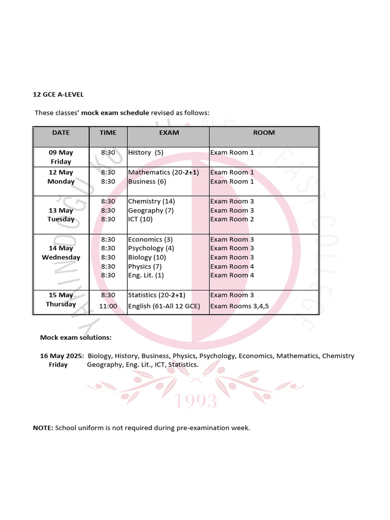 2024-25 A-Level Mock Exam Schedule | PDF