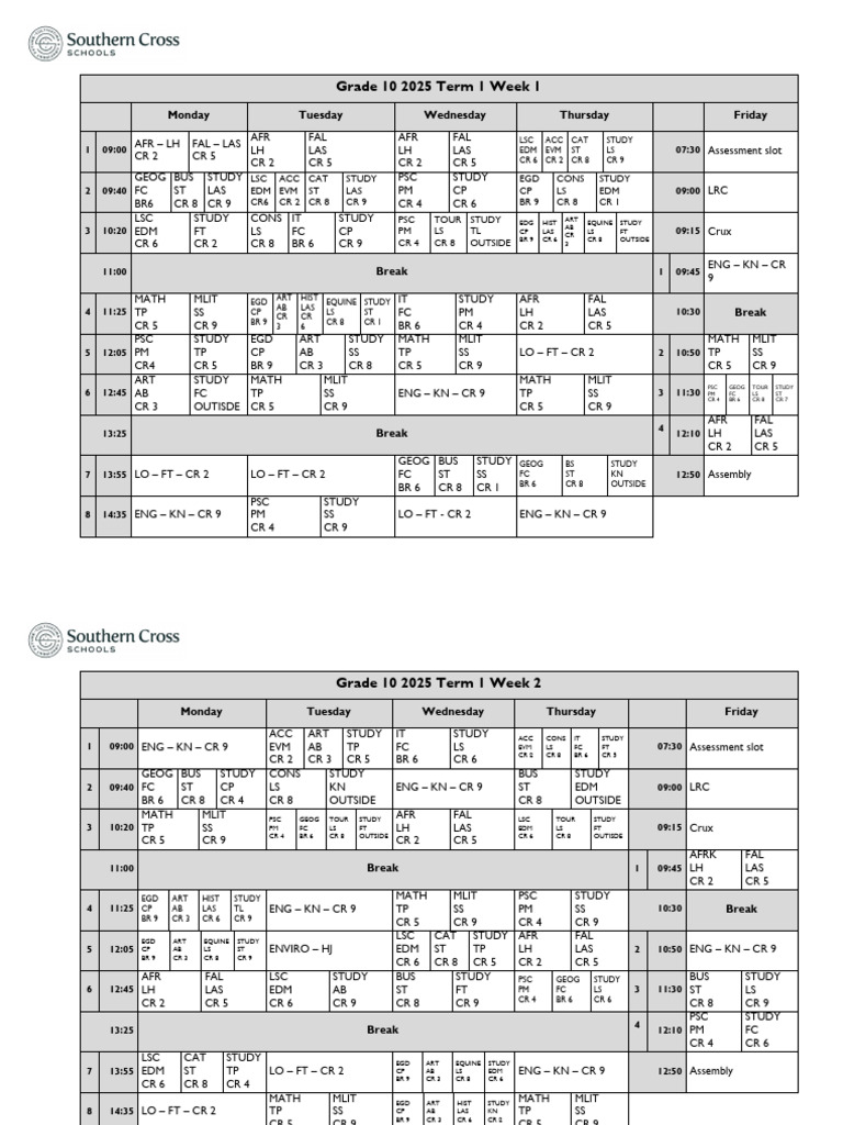 Grade 10 Term 1 Weekly Schedule 2025 | PDF