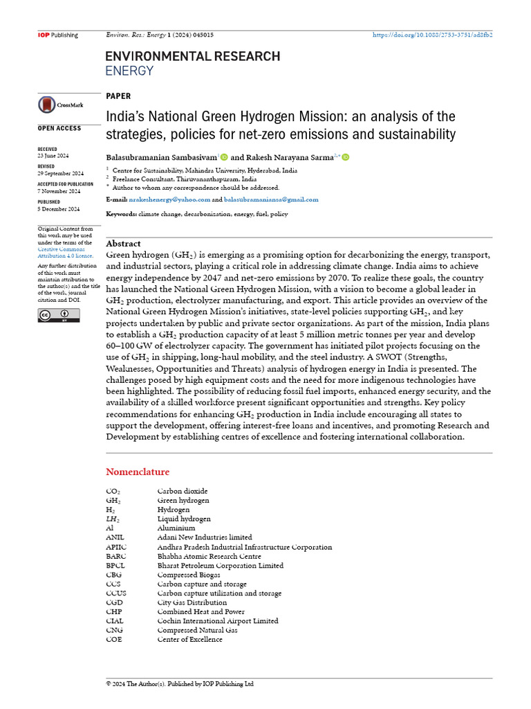 Indias National Green Hydrogen Mission An Analysi | PDF | Wind Power ...