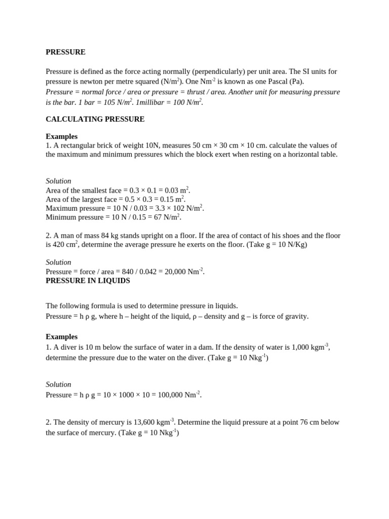 Understanding Pressure: Definitions & Calculations | PDF | Pressure ...