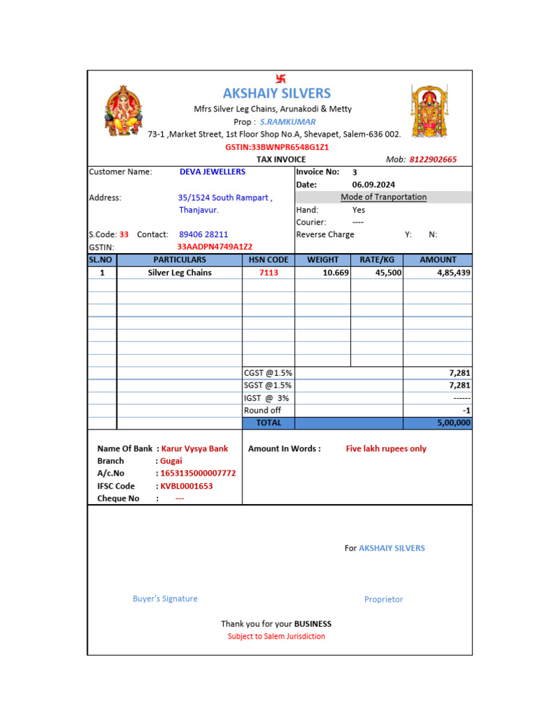 Tax Invoice for Silver Leg Chains | PDF