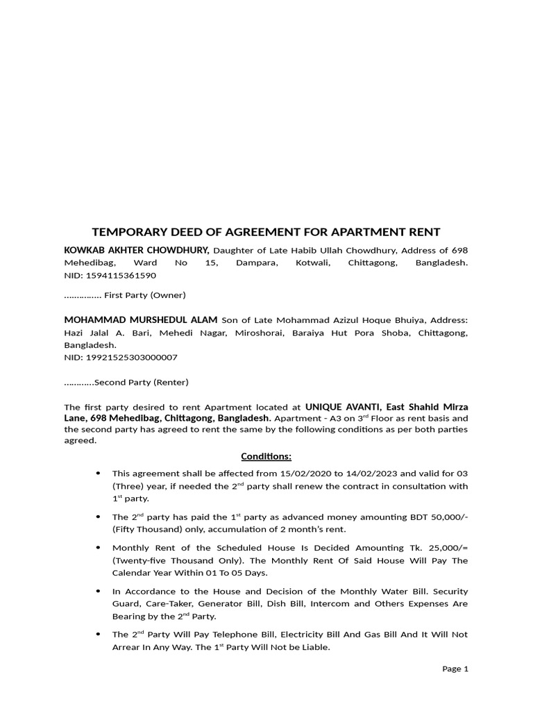 Apartment Rent Agreement | PDF | Private Law
